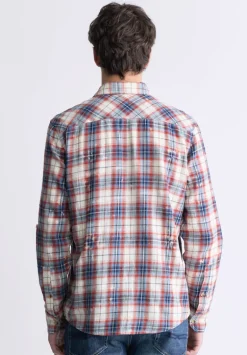 Simbio Men's Long-Sleeve Plaid Fitted Shirt, Beige, Blue & Red - BM24429
