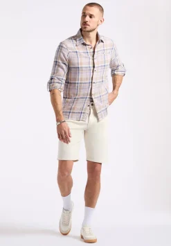 Simbio Men's Long-Sleeve Plaid Fitted Shirt, Beige & Blue - BM24596