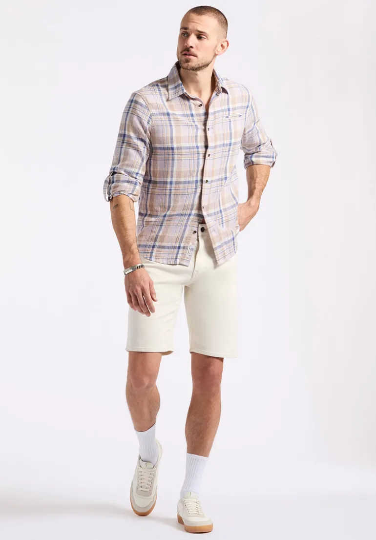 Simbio Men's Long-Sleeve Plaid Fitted Shirt, Beige & Blue - BM24596