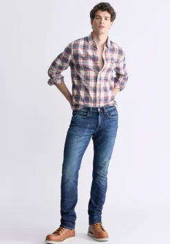 Simbio Men's Long-Sleeve Plaid Fitted Shirt, Beige, Blue & Red - BM24429