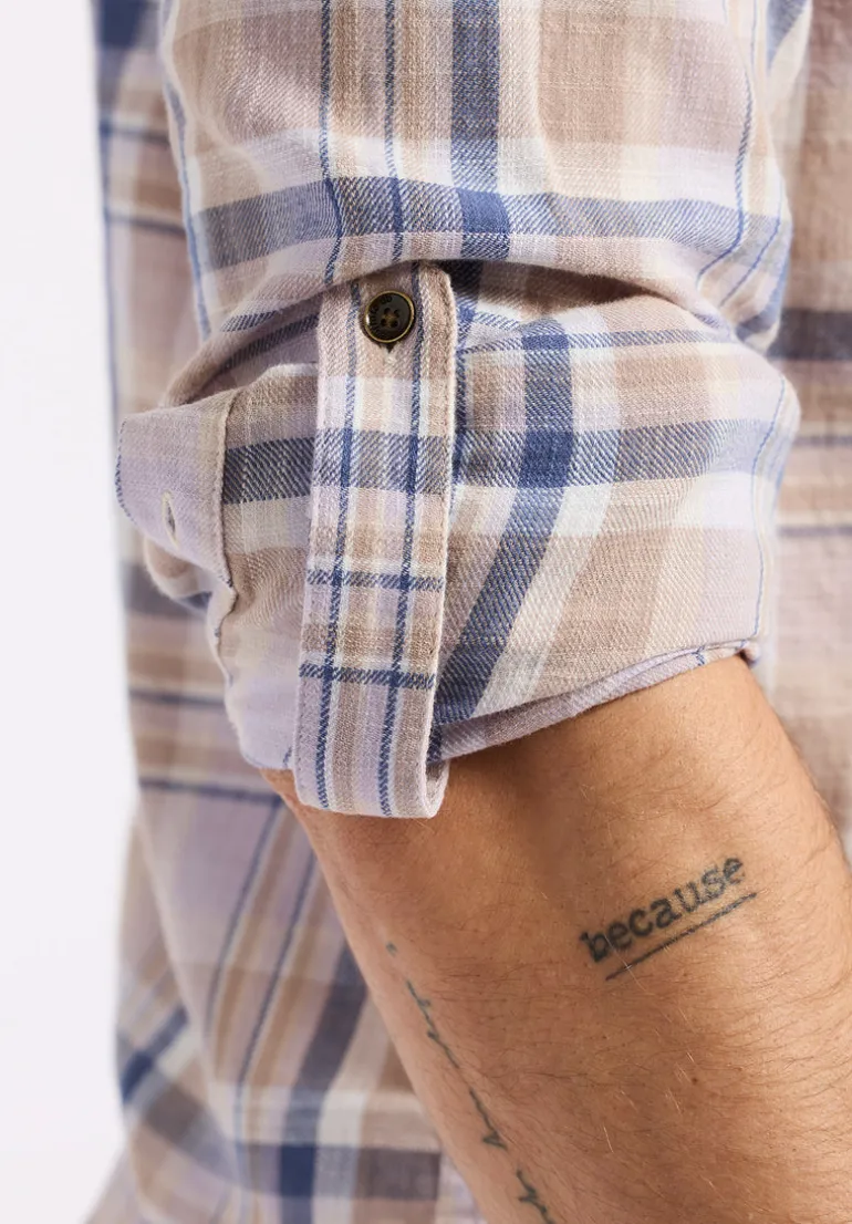 Simbio Men's Long-Sleeve Plaid Fitted Shirt, Beige & Blue - BM24596