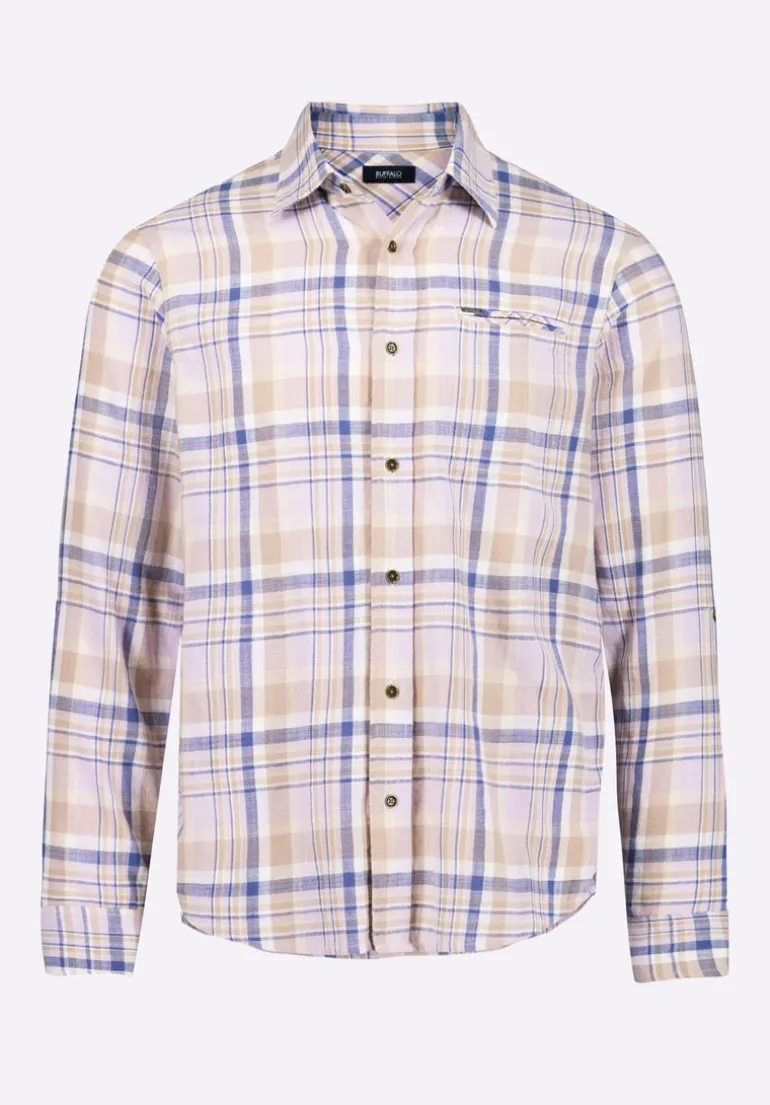 Simbio Men's Long-Sleeve Plaid Fitted Shirt, Beige & Blue - BM24596