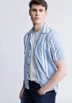 Sinap Men's Short Sleeve Striped Shirt, Blue and White - BM24367