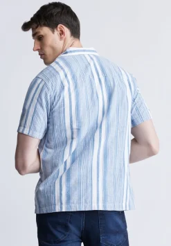 Sinap Men's Short Sleeve Striped Shirt, Blue and White - BM24367