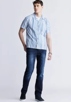 Sinap Men's Short Sleeve Striped Shirt, Blue and White - BM24367