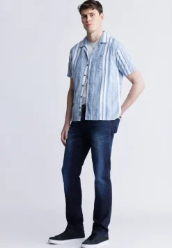 Sinap Men's Short Sleeve Striped Shirt, Blue and White - BM24367