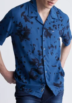 Sinzo Men's Short Sleeve Shirt, Blue with Black Print - BM24402
