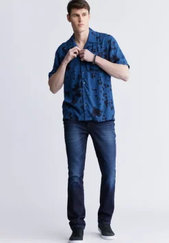 Sinzo Men's Short Sleeve Shirt, Blue with Black Print - BM24402