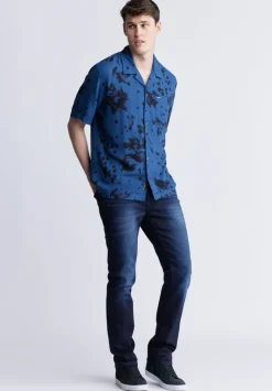 Sinzo Men's Short Sleeve Shirt, Blue with Black Print - BM24402