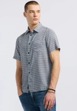 Sirilo Men's Short Sleeve Fitted Shirt with Geometric Print, Moonlight Blue - BM24652