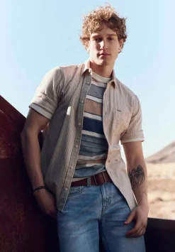 Sirilo Men's Short-Sleeve Striped Fitted Shirt, Tuffet Beige - BM24562