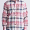 Sizar Men's Long Sleeve Plaid Shirt, White with Pink and Blue - BM24370
