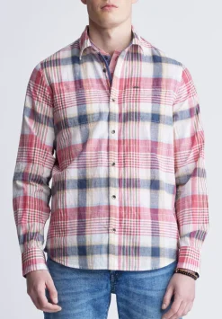 Sizar Men's Long Sleeve Plaid Shirt, White with Pink and Blue - BM24370