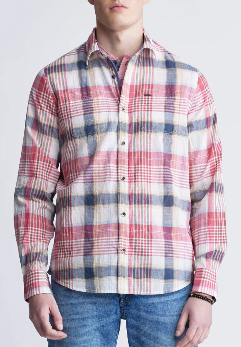 Sizar Men's Long Sleeve Plaid Shirt, White with Pink and Blue - BM24370