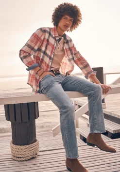 Sizar Men's Long Sleeve Plaid Shirt, White with Pink and Blue - BM24370