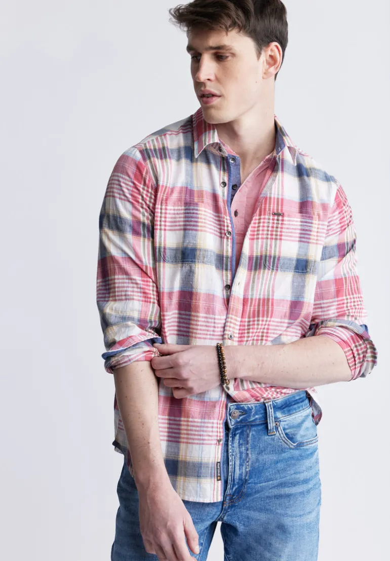 Sizar Men's Long Sleeve Plaid Shirt, White with Pink and Blue - BM24370