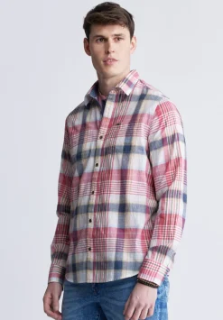 Sizar Men's Long Sleeve Plaid Shirt, White with Pink and Blue - BM24370