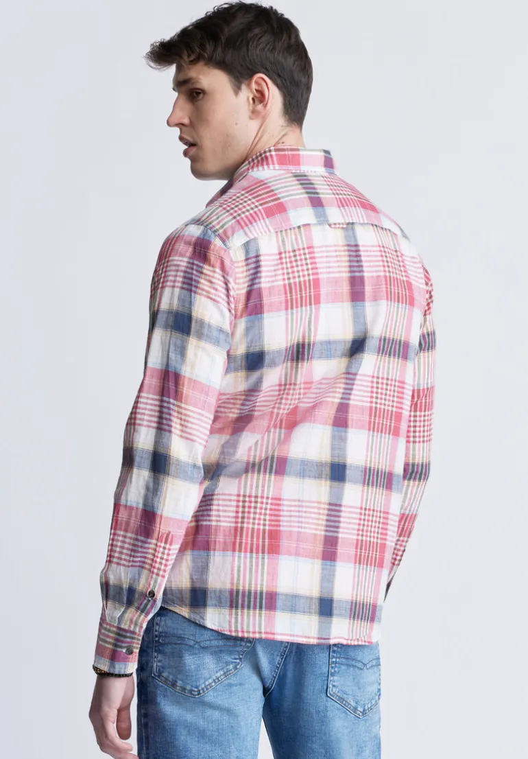 Sizar Men's Long Sleeve Plaid Shirt, White with Pink and Blue - BM24370