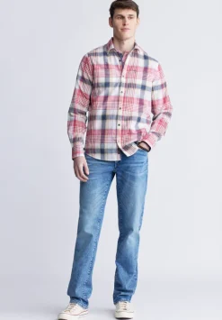 Sizar Men's Long Sleeve Plaid Shirt, White with Pink and Blue - BM24370