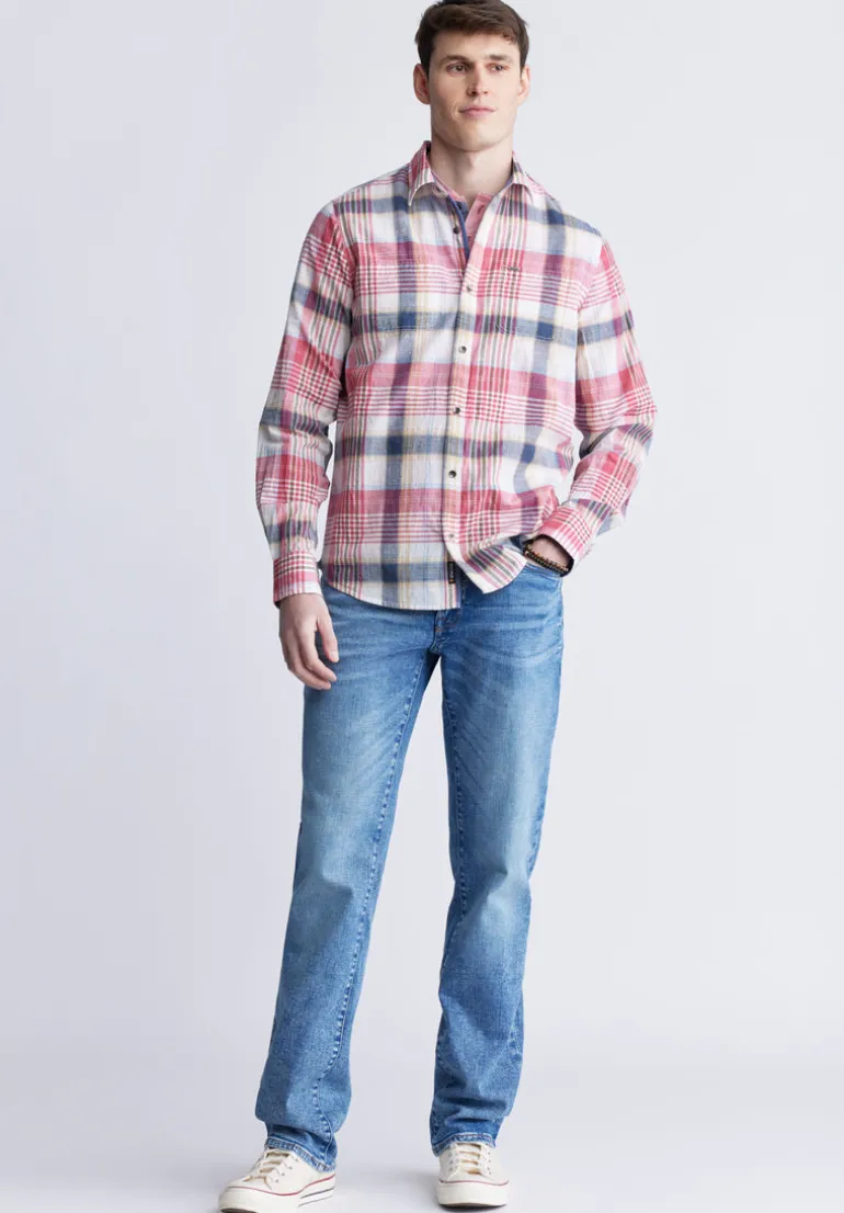 Sizar Men's Long Sleeve Plaid Shirt, White with Pink and Blue - BM24370
