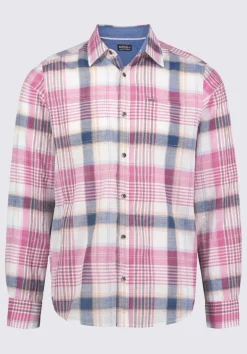 Sizar Men's Long Sleeve Plaid Shirt, White with Pink and Blue - BM24370