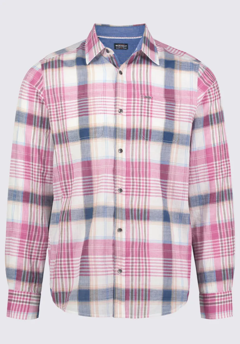 Sizar Men's Long Sleeve Plaid Shirt, White with Pink and Blue - BM24370