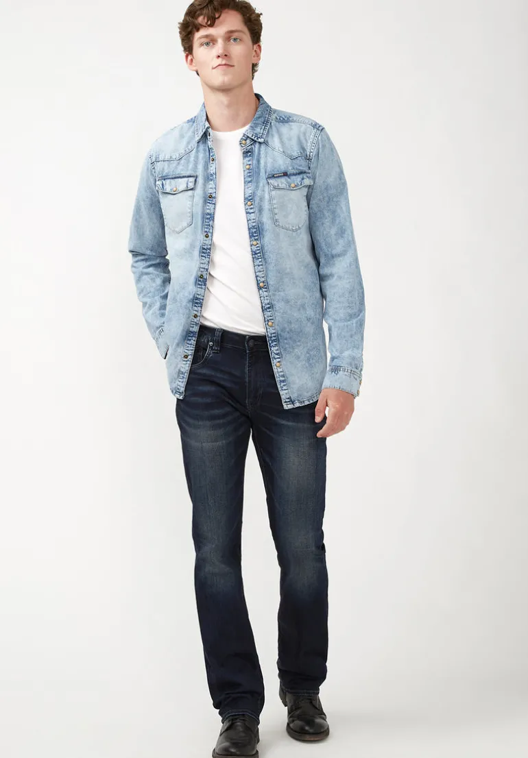 Slim Boot King Men's Jeans in Whiskered and Sanded Dark Blue - BM22675