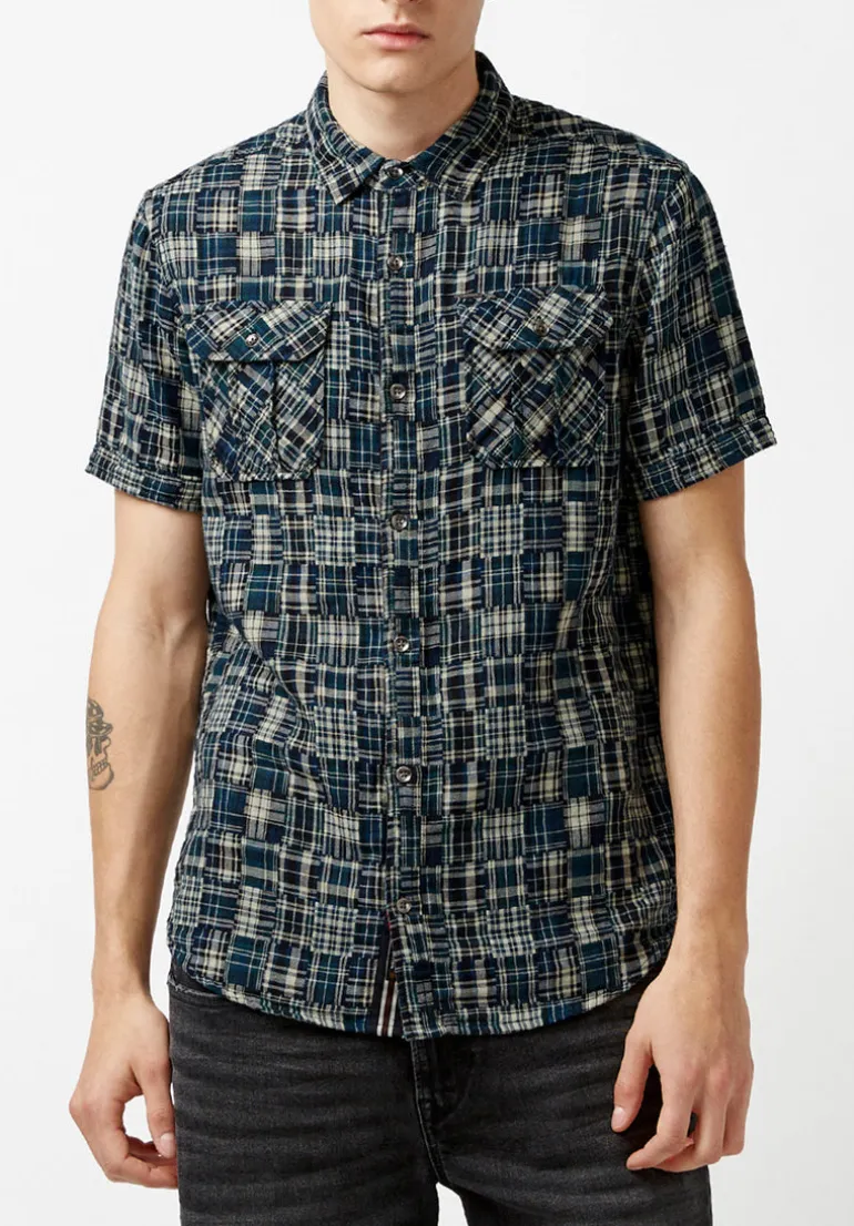 Soqut Men's Short-Sleeve Plaid Shirt, Whale - BM23891