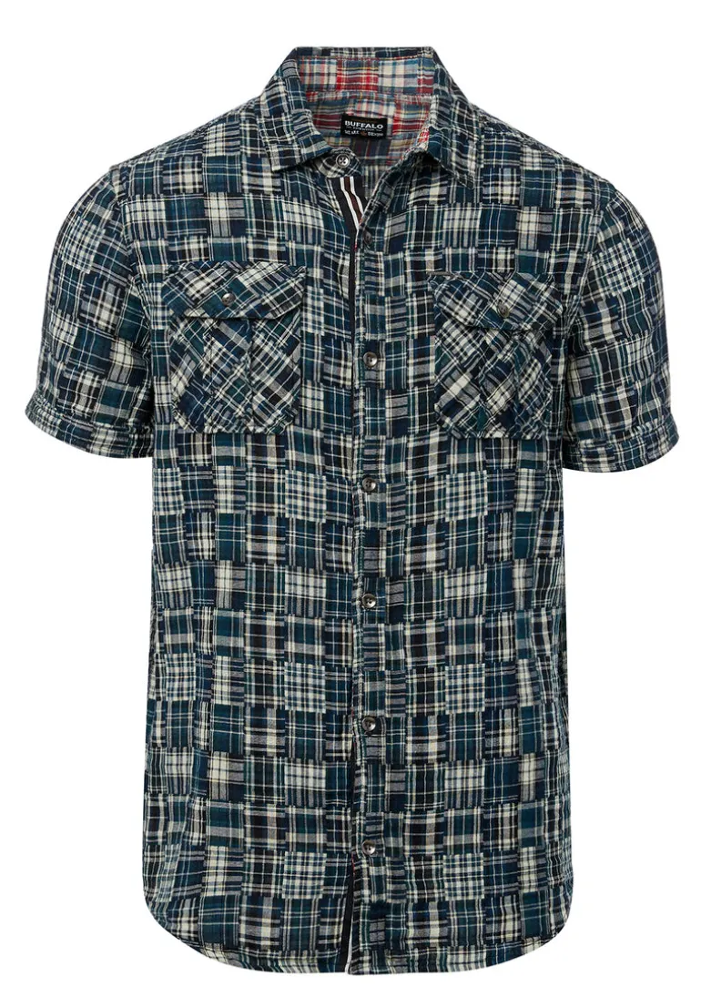 Soqut Men's Short-Sleeve Plaid Shirt, Whale - BM23891