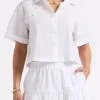 Sorcha Women's Short-Sleeve Cropped Shirt with Embroidered Floral Details, White - WT0158P