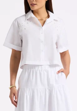 Sorcha Women's Short-Sleeve Cropped Shirt with Embroidered Floral Details, White - WT0158P