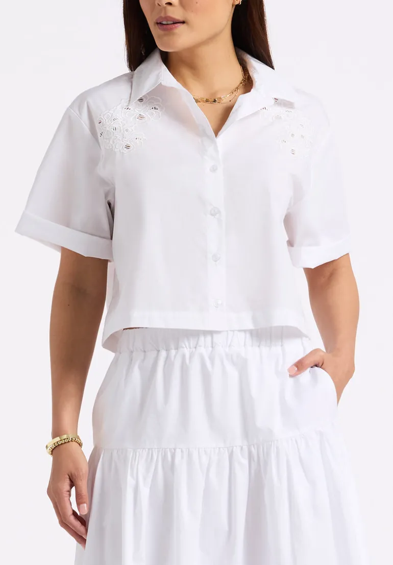 Sorcha Women's Short-Sleeve Cropped Shirt with Embroidered Floral Details, White - WT0158P