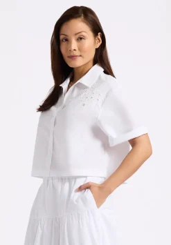 Sorcha Women's Short-Sleeve Cropped Shirt with Embroidered Floral Details, White - WT0158P