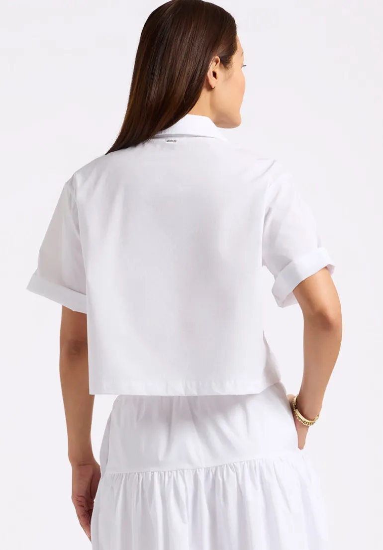 Sorcha Women's Short-Sleeve Cropped Shirt with Embroidered Floral Details, White - WT0158P