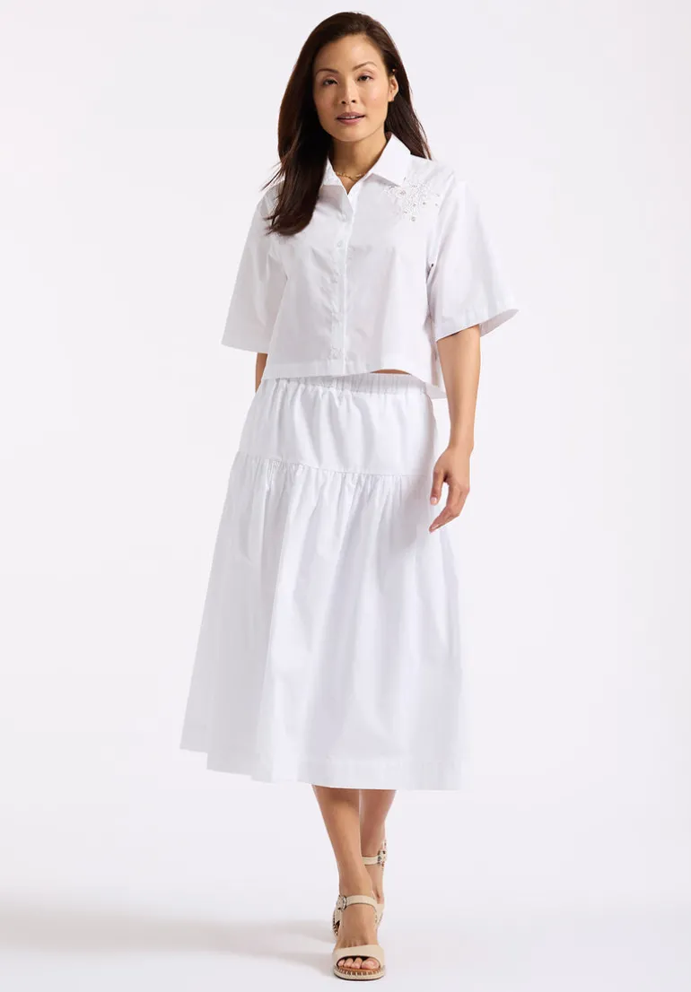 Sorcha Women's Short-Sleeve Cropped Shirt with Embroidered Floral Details, White - WT0158P