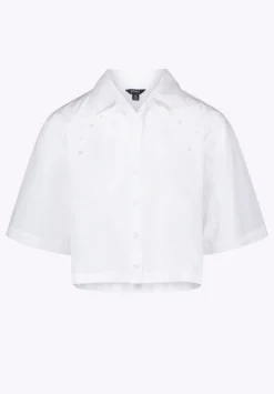 Sorcha Women's Short-Sleeve Cropped Shirt with Embroidered Floral Details, White - WT0158P