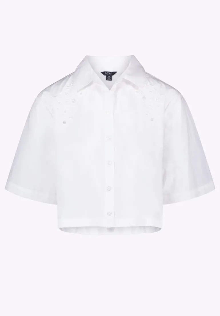 Sorcha Women's Short-Sleeve Cropped Shirt with Embroidered Floral Details, White - WT0158P