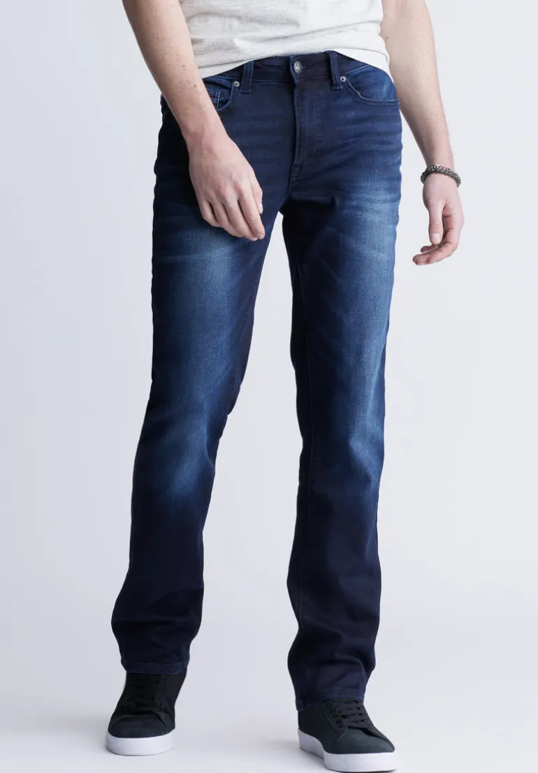 Straight Six Men's Five-Pocket Freedom Flex Jeans, Dark and Sanded - BM22999