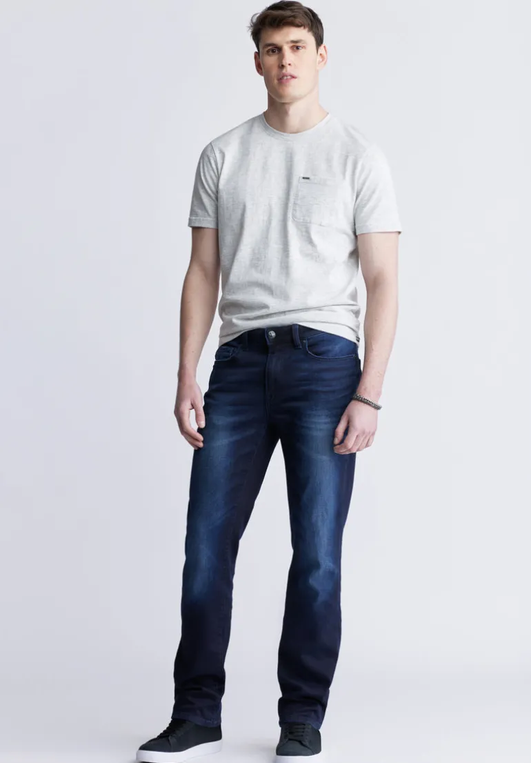 Straight Six Men's Five-Pocket Freedom Flex Jeans, Dark and Sanded - BM22999