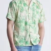 Suresh Men's Short Sleeve Camp Shirt, Beige with Green Print - BM24293