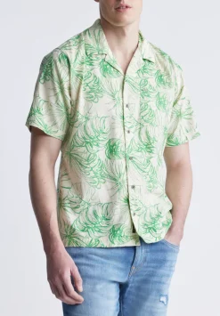Suresh Men's Short Sleeve Camp Shirt, Beige with Green Print - BM24293