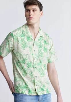 Suresh Men's Short Sleeve Camp Shirt, Beige with Green Print - BM24293