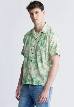 Suresh Men's Short Sleeve Camp Shirt, Beige with Green Print - BM24293
