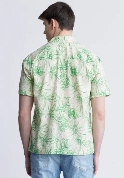 Suresh Men's Short Sleeve Camp Shirt, Beige with Green Print - BM24293
