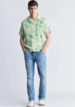 Suresh Men's Short Sleeve Camp Shirt, Beige with Green Print - BM24293