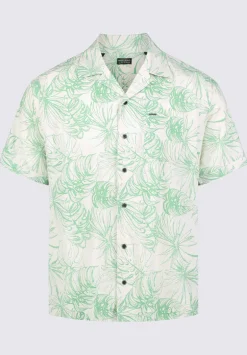 Suresh Men's Short Sleeve Camp Shirt, Beige with Green Print - BM24293