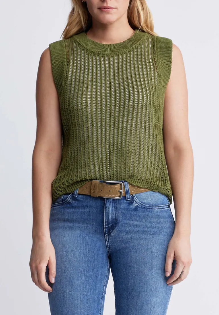 Syden Women’s Openwork Knit Tank Top in Olive Green - SW0060P