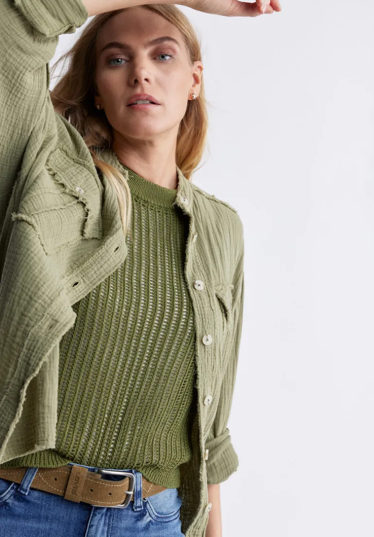 Syden Women’s Openwork Knit Tank Top in Olive Green - SW0060P