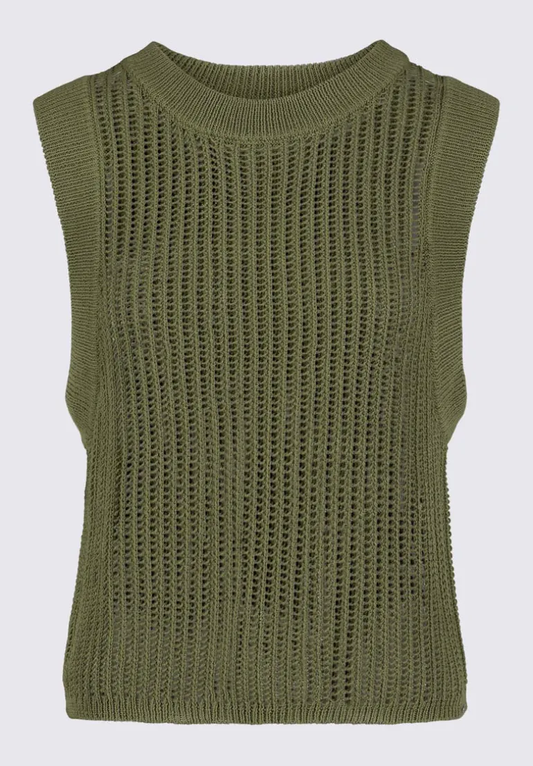 Syden Women’s Openwork Knit Tank Top in Olive Green - SW0060P