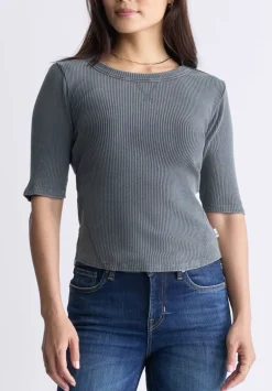 Tabbey Women's Elbow-Length Sleeve Ribbed Top, Raven Grey - KT0152F